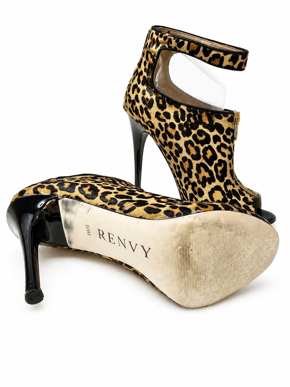 Renvy/ Anthro Leopard Calf Hair Booties Stiletto Peep Toe Luxe Statement Sz 10 - Picture 4 of 5